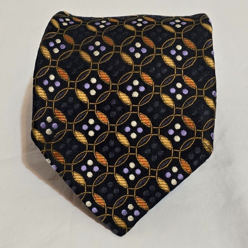 Robert Talbott Best of Class Silk USA Necktie Black Gold Blue Silver Geo